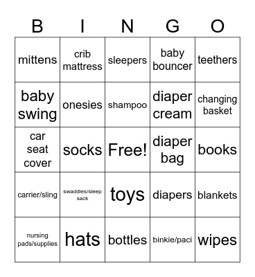 Baby Items Bingo Card