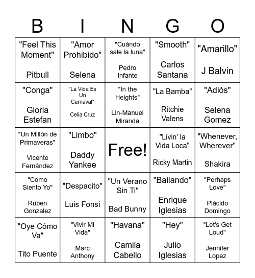 Hispanic Heritage Month Music Bingo Card