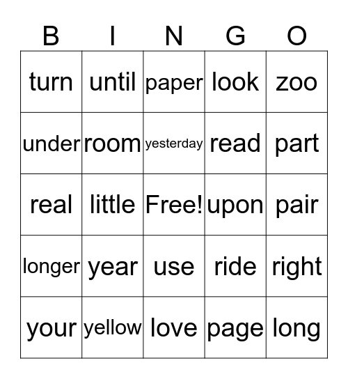 High Frequency Words Bingo Card