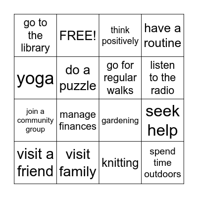 Mental Health Bingo Card