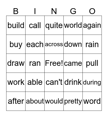 High Frequency Words Bingo Card
