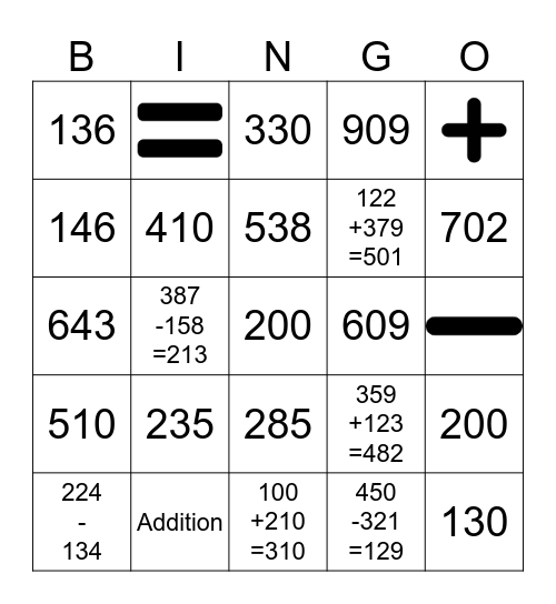 3-DIGIT NUMBERS (Addition and Subtraction) Bingo Card