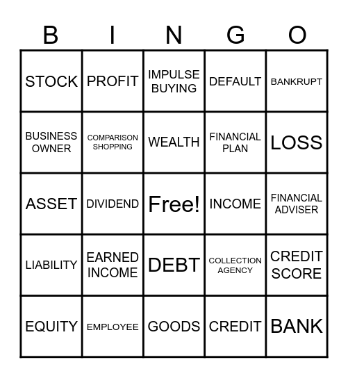 FINANCIAL LITERACY BINGO Card