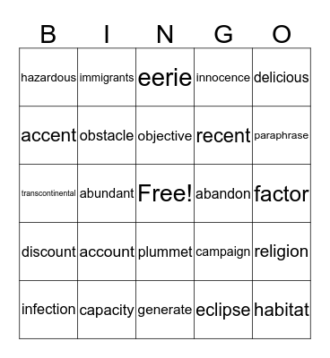 Vocabulary Review:  List 1 Bingo Card