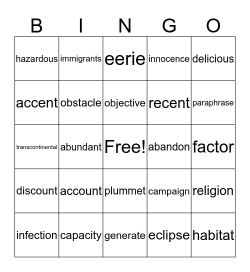 Vocabulary Review:  List 1 Bingo Card