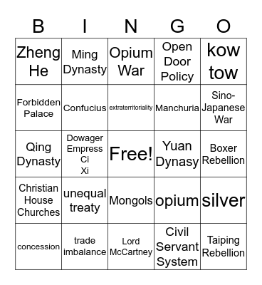 Chinese History Bingo Card