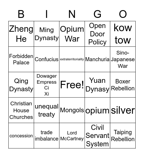 Chinese History Bingo Card