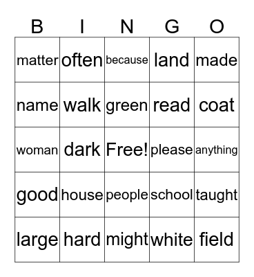 High Frequency Words Bingo Card