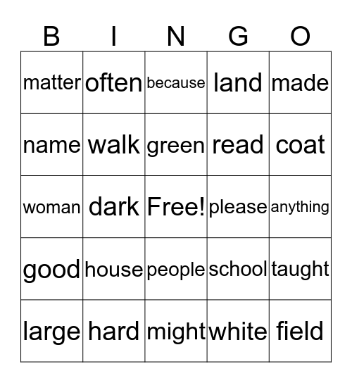 High Frequency Words Bingo Card