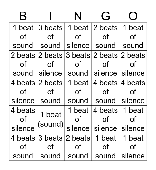 Notes and Rests Values Bingo Card