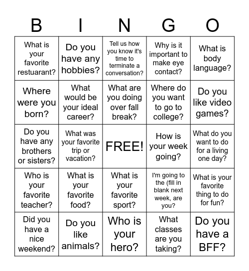 Conversation Bingo Card