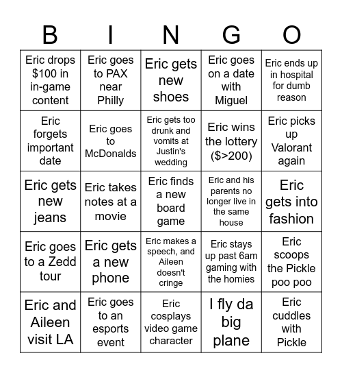 Things that happen to Eric 2024 Bingo Card