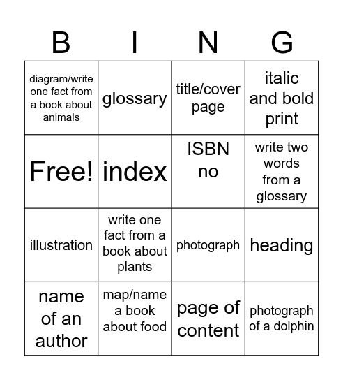 Features of a Nonfiction Book Bingo Card