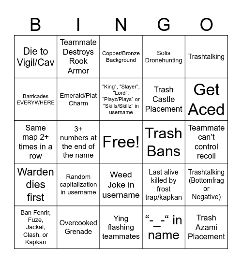 R6S Stereotype Bingo Card