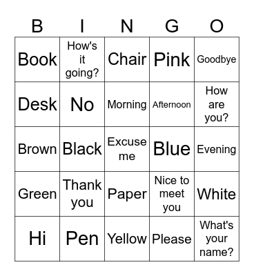 A1 Vocabulary Bingo Card