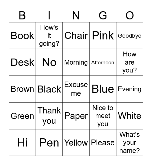 A1 Vocabulary Bingo Card