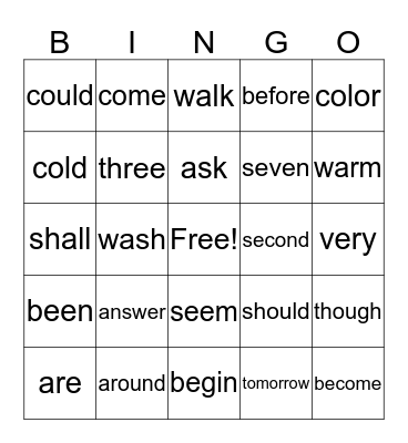 High Frequency Words Bingo Card