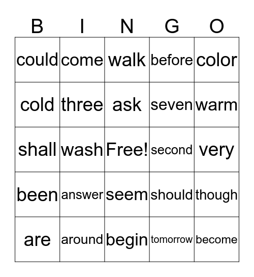 High Frequency Words Bingo Card