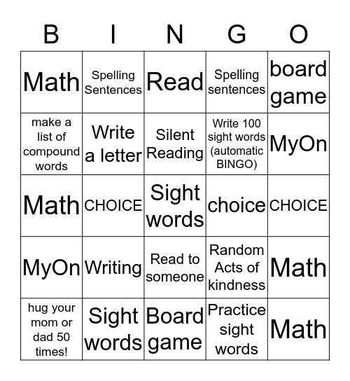 Bingo Homework Bingo Card