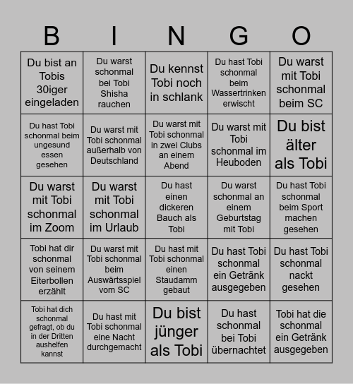 Tobis 30. Geburtstag Bingo Card