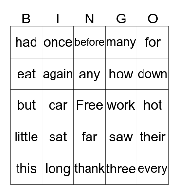 High Frequency Words Bingo Card