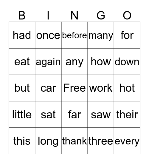 High Frequency Words Bingo Card