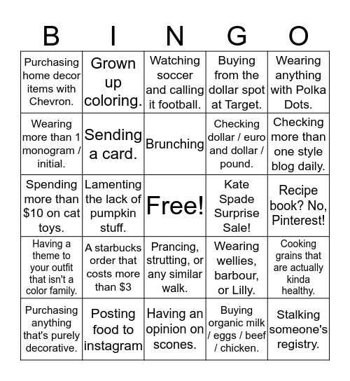 White Girl Bingo Card