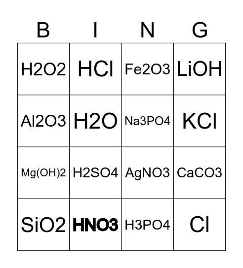 Chemical Bingo Card