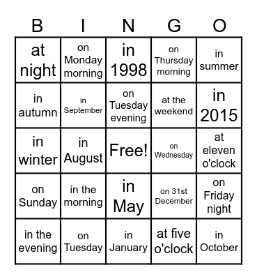 IN / ON / AT Bingo Card