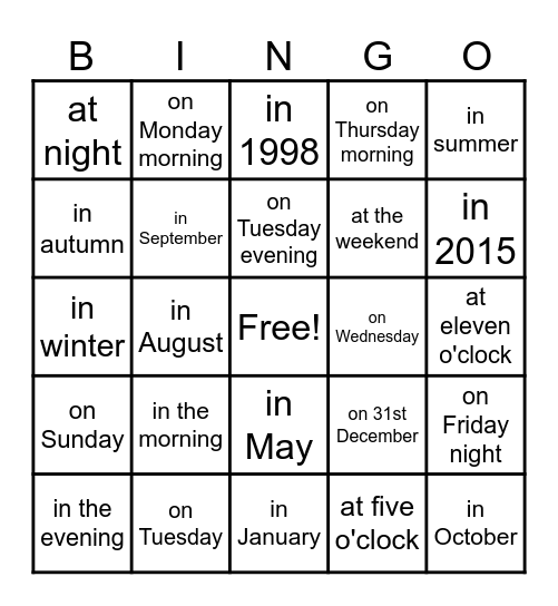 IN / ON / AT Bingo Card