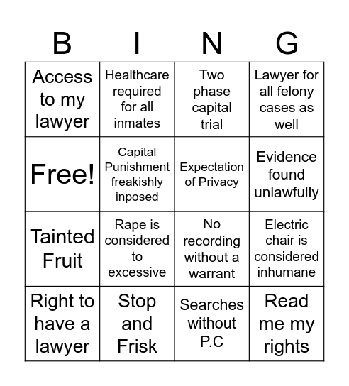 Law Enforcement Amendment Cases Bingo Card