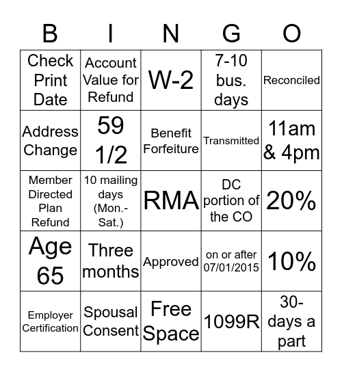 Refund Bingo Card