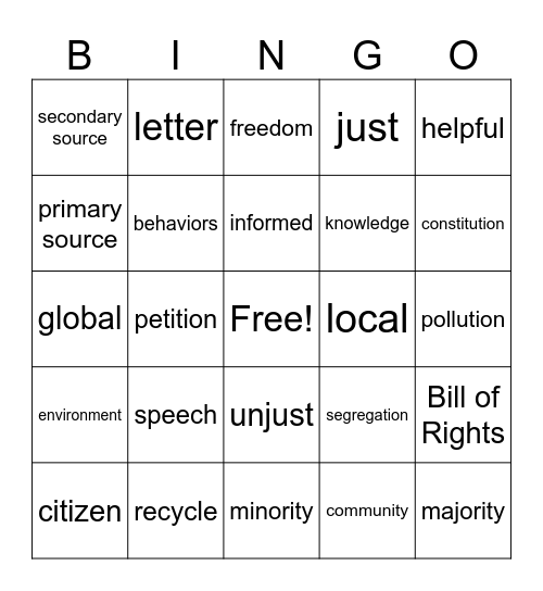Unit 2 Civics Vocabulary Bingo Card