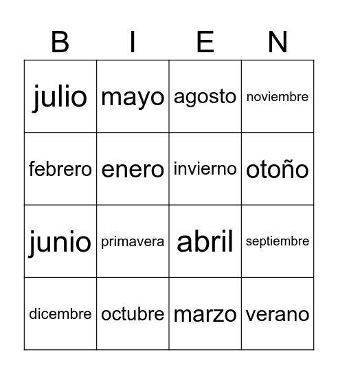 Meses y estaciones Bingo Card