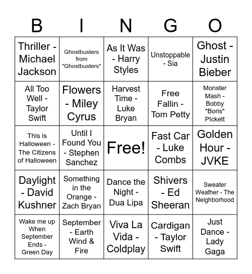 MUSIC BINGO! Bingo Card