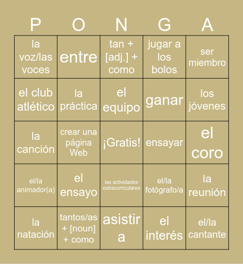 Vocab 1B: ¿Qué haces después de las clases? Bingo Card