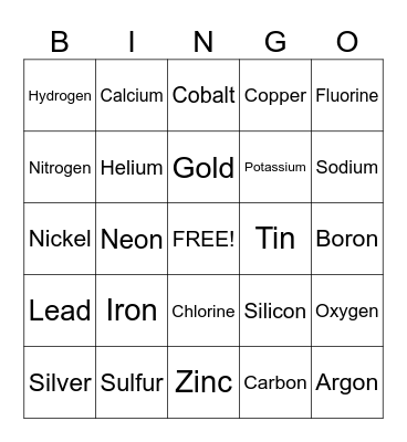 Periodic table Bingo Card