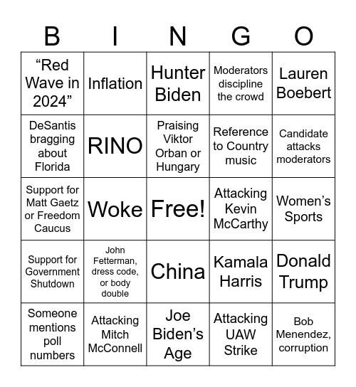 Republican Debate Bingo Card