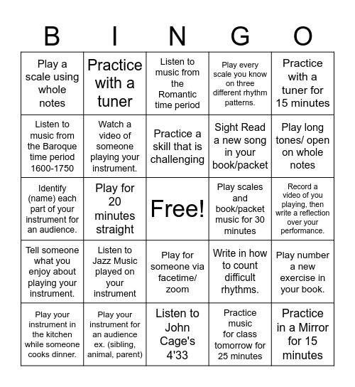 February Practice Bingo Card