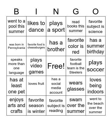 about me Bingo Card