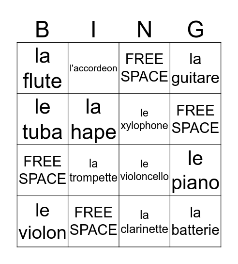FRENCH INSTRUMENTS Bingo Card