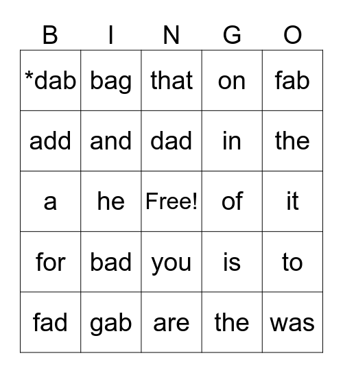 Letter group 1 and MCW List 1 Bingo Card