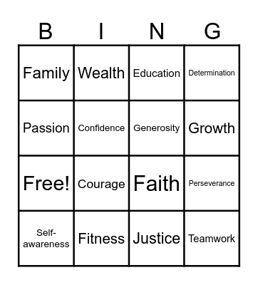 Values Bingo Card