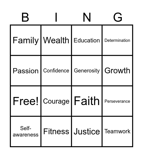 Values Bingo Card