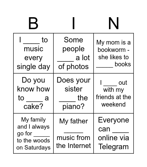 Free time and hobbies Bingo Card