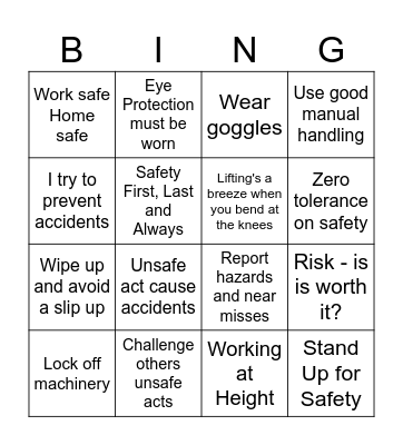 Health and Safety Bingo Card