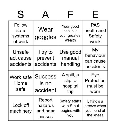PAS Health and Safety Bingo Card