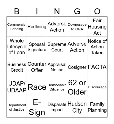 Reg B Bingo! Bingo Card