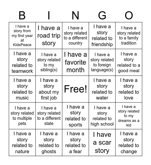 KidsPeace Pre-K Bingo Card