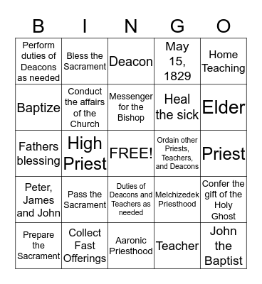 Priesthood Bingo Card